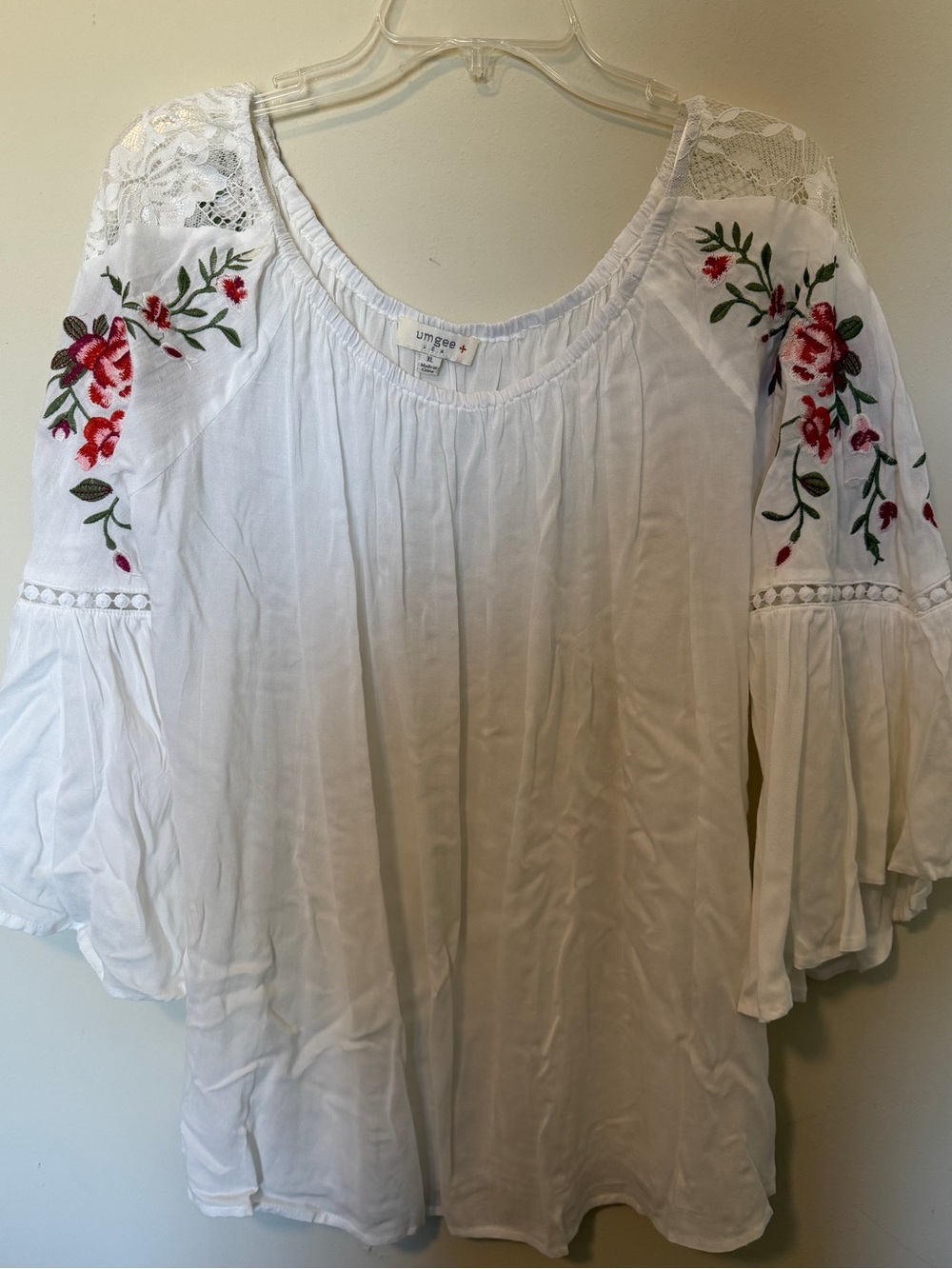 Umgee White Boho Blouse with Red & Green Floral Embroidery
